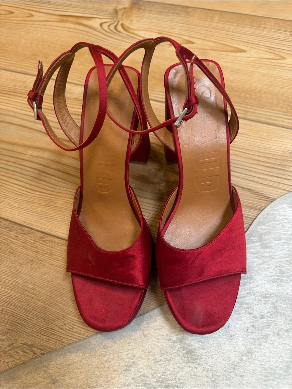 STAUD Red Satin Platform Block Heel Sandals